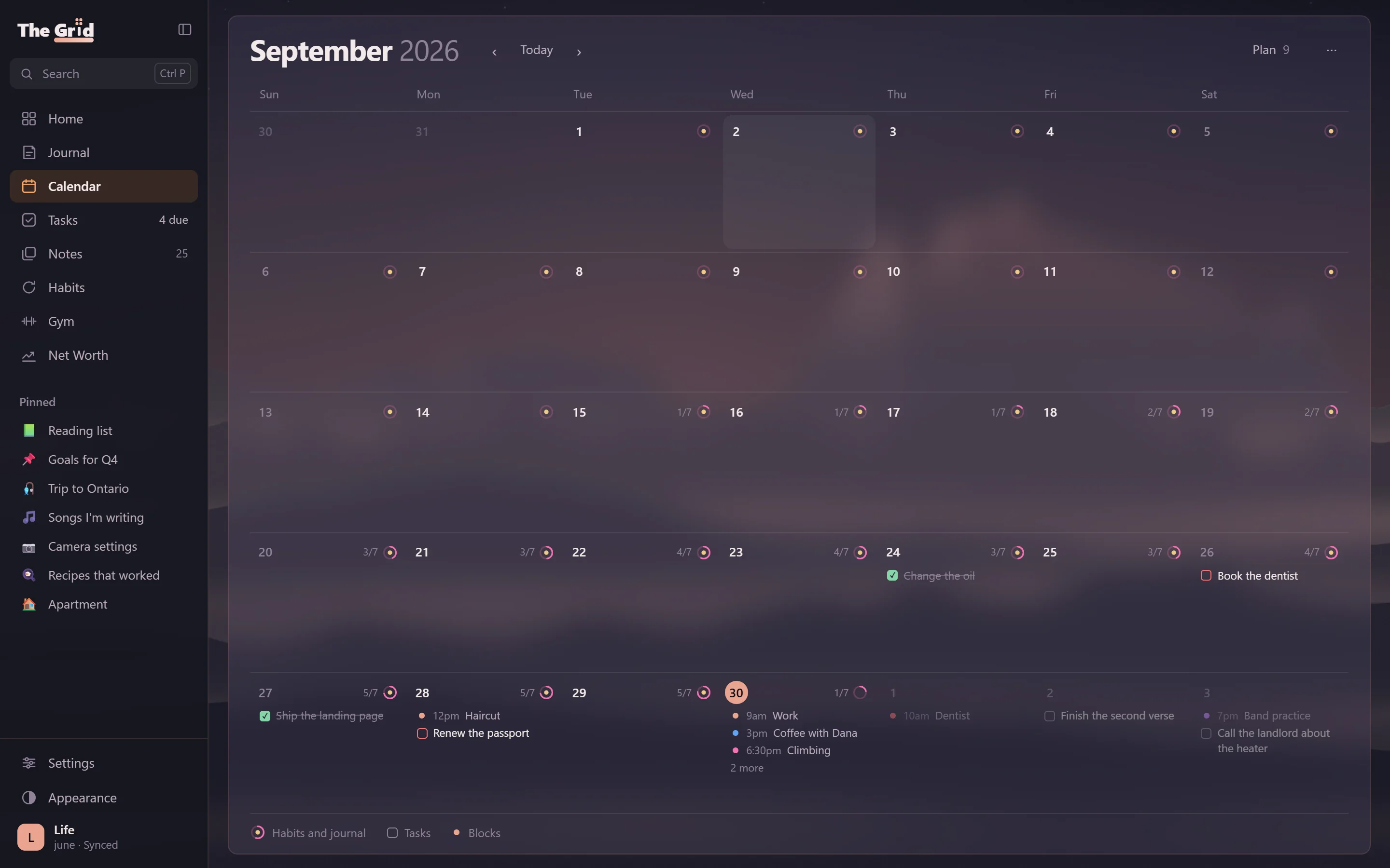 Calendar: a month with tasks on their days and a mark on every day with an entry