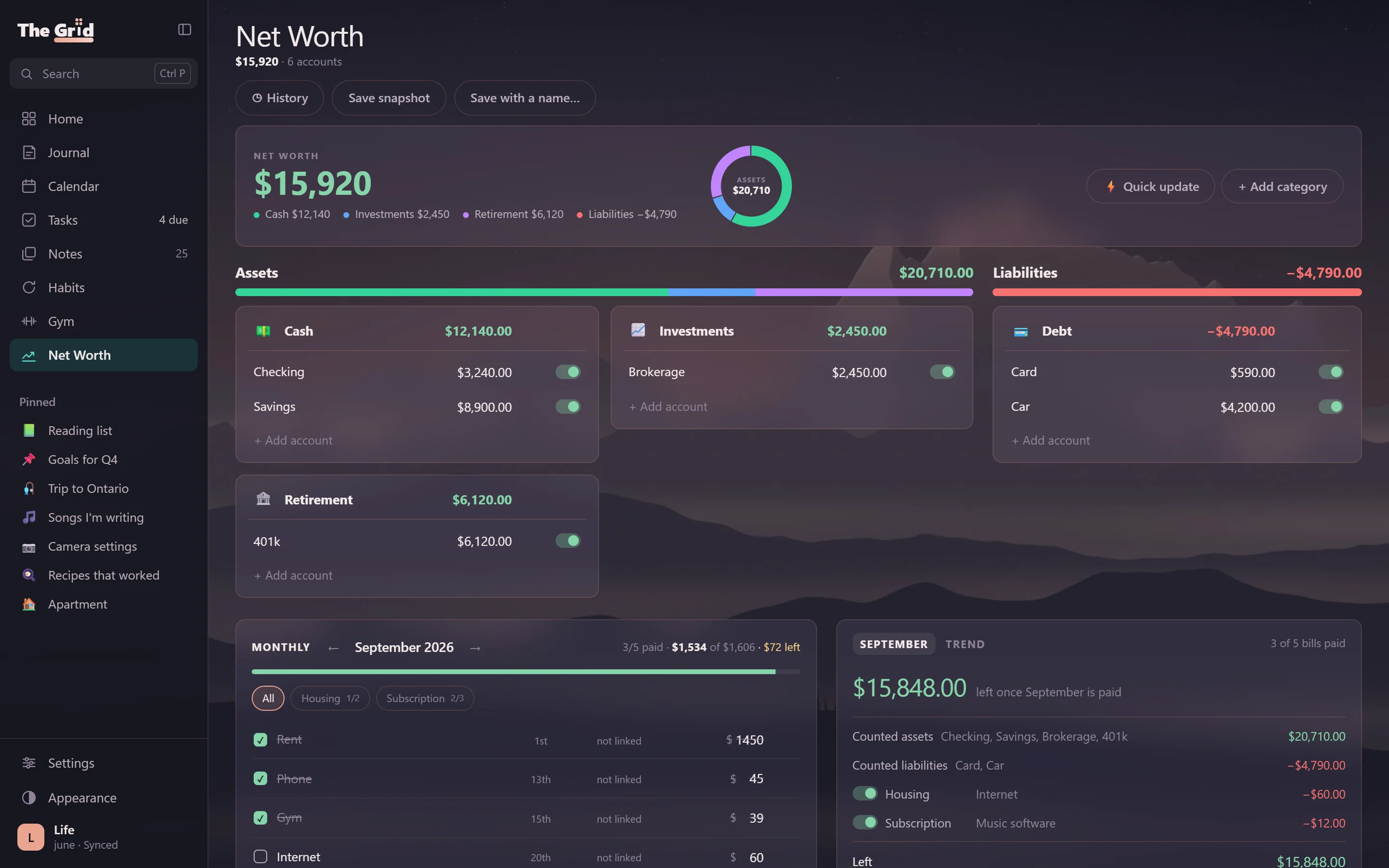 Net worth: the total, assets and liabilities by account, the month's bills