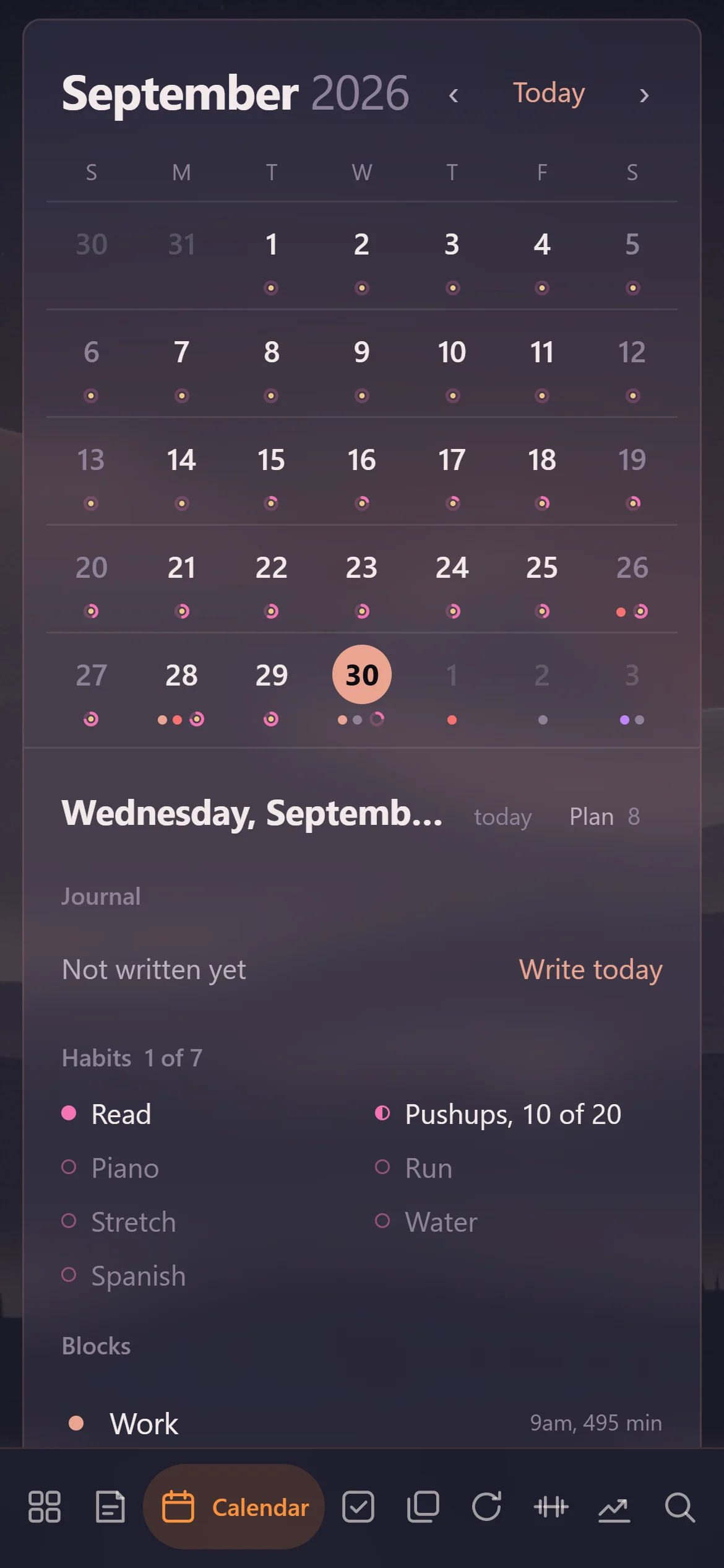 Calendar: a month with tasks on their days and a mark on every day with an entry, on a phone