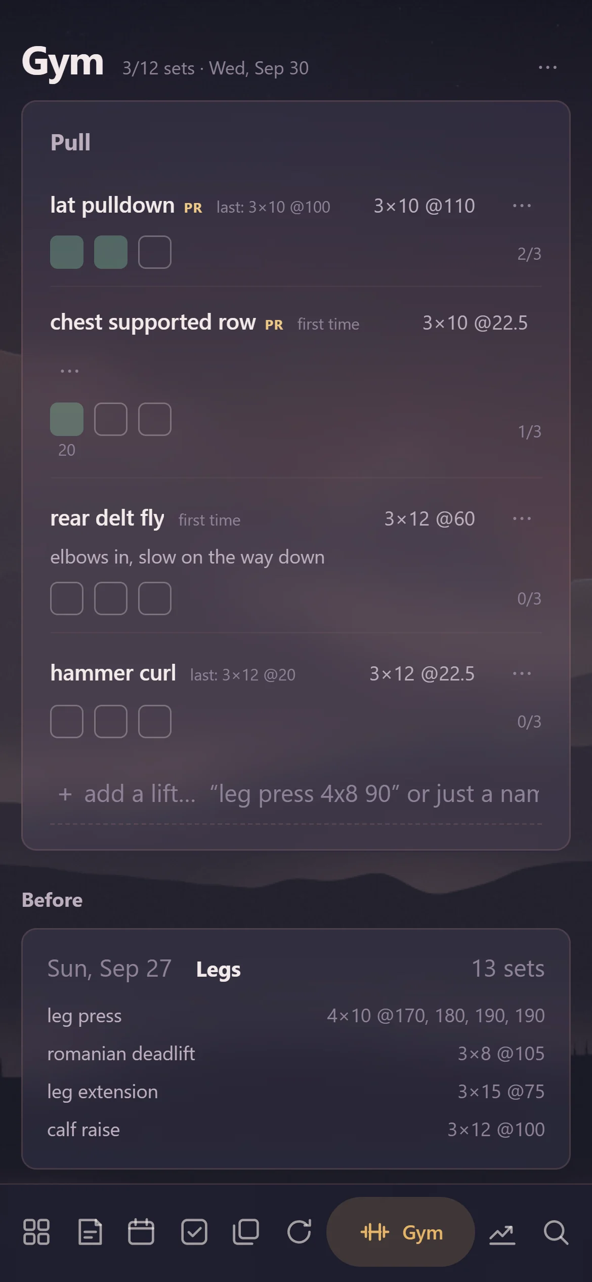 Gym: sessions, sets and weights, and the best of every lift, on a phone