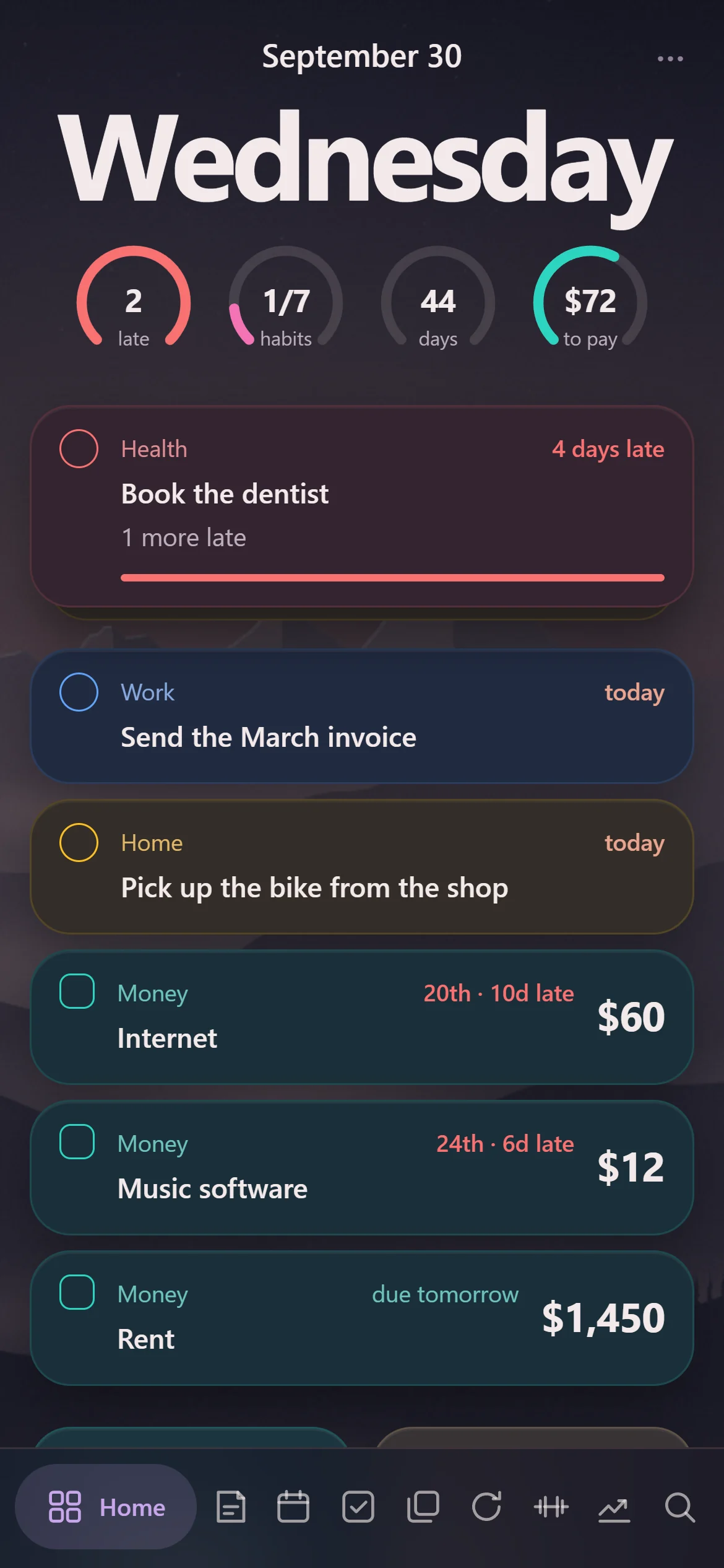 Home: a strip of numbers, the focus list, the week's habits, the money and today's page, on a phone