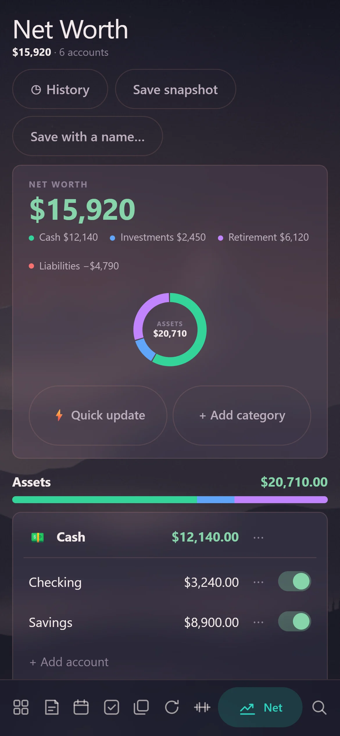 Net worth: the total, assets and liabilities by account, the month's bills, on a phone