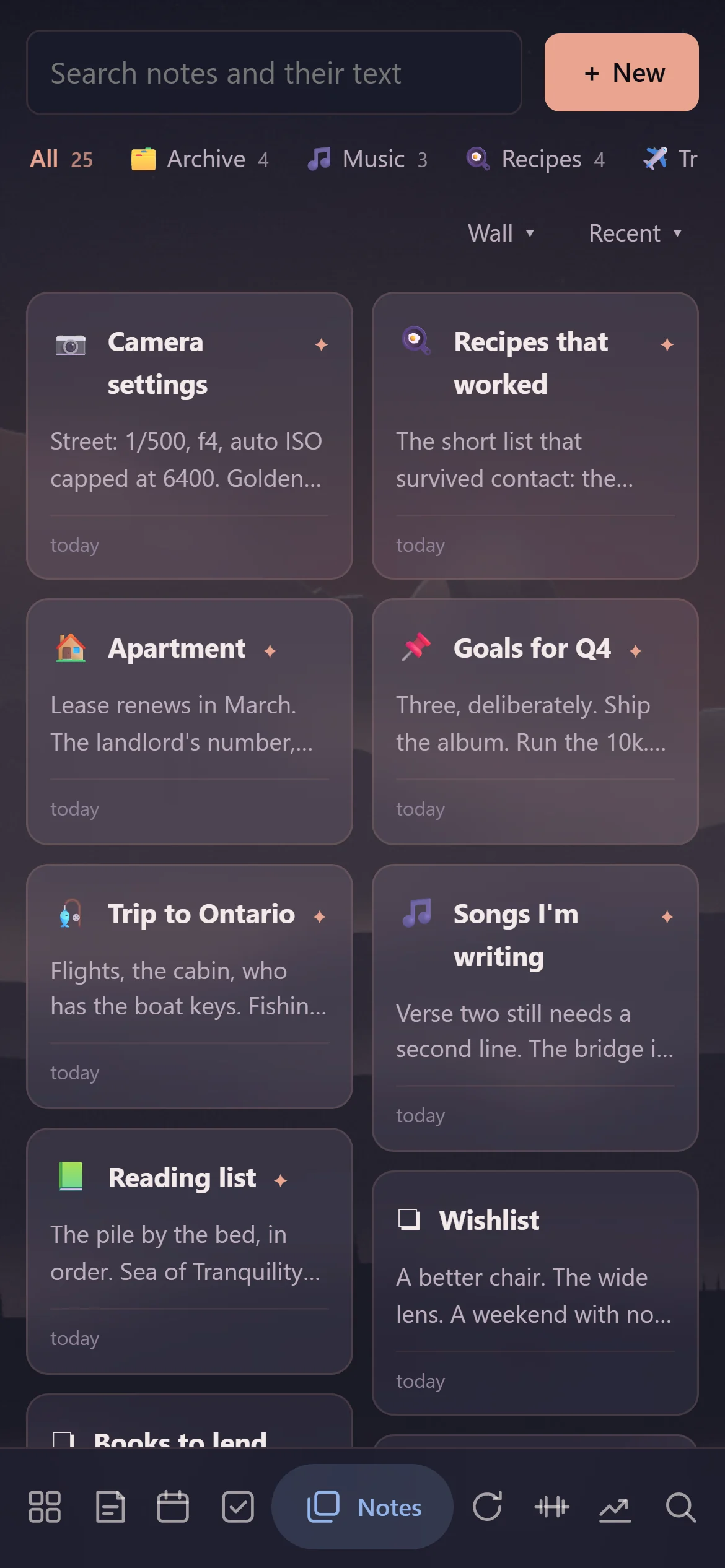 Notes: folders, cards with their first lines, a note open, on a phone