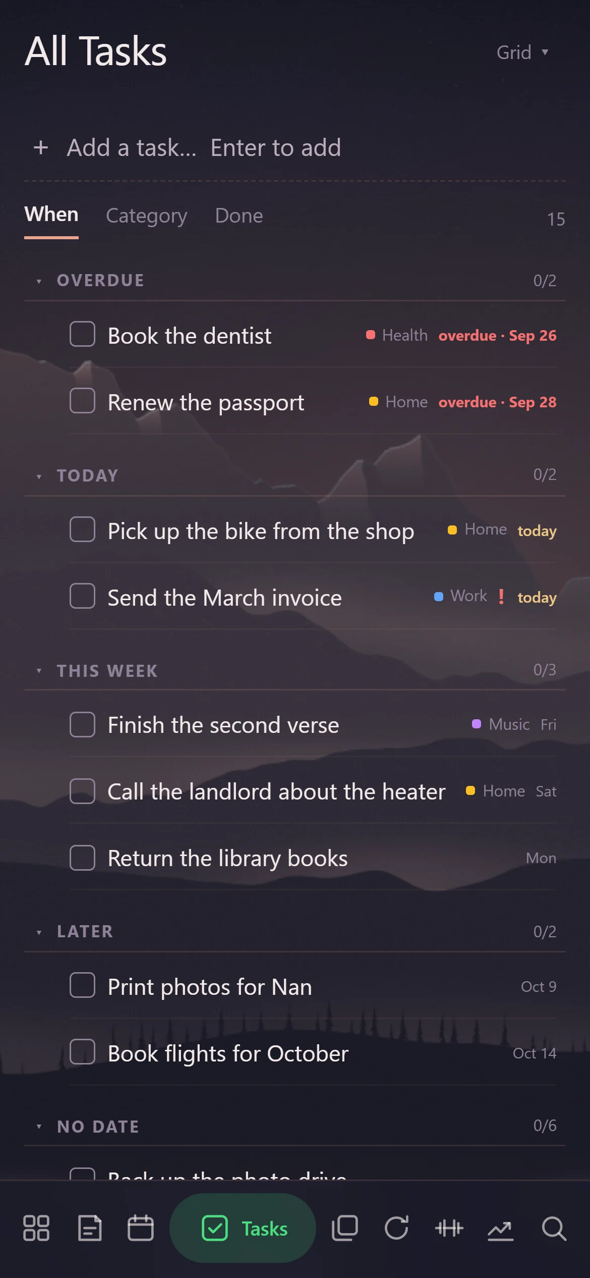 Tasks: every task grouped by category with what is due and what is late, on a phone